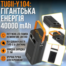 Внешний аккумулятор Power Bank TUGII-Y104 40000mAh 22.5W с мощной LED-лампой и встроенными кабелями Черный