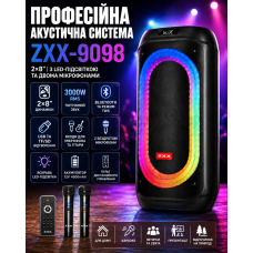 Аккумуляторная акустическая система ZXX-9098 2×8″ / Колонка с LED-подсветкой + 2 беспроводных микрофона
