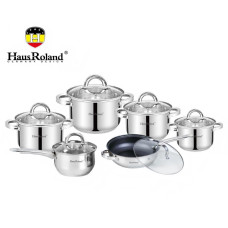 Набір посуду Haus Roland HR101-2, 12 предметів із неіржавкої сталі: каструлі 1,9/2,7/3,6/6,1 л, ківш 1,9 л, сковорода 2,9 л (HR101