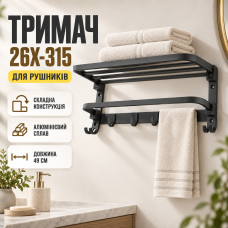 Складний тримач для рушників з гачками, 49см, 26X-315, Чорний / Вішалка для рушників / Тримач настінний