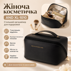 Жіноча дорожня косметичка AND XL-1010 чорна з екошкіри на блискавці, органайзер для косметики із 7 відділеннями та ручкою