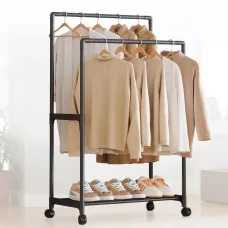 Подвійна стійка-вішалка 112×56×30 см на колесах із полицею для взуття YH9918-1