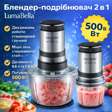 Измельчитель-блендер 2 в 1 LumaBella LB-56014 стационарный и ручной режим, мощность 500 Вт, стакан 0,6 л, чаша 1,5 л, 2 скорости