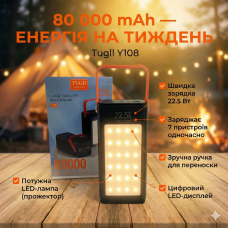 Портативный повербанк Tugii Y108 80000 мА·ч с LED-фонарем и дисплеем, быстрая зарядка до 22,5 Вт, 7 выходных портов, черный корпус
