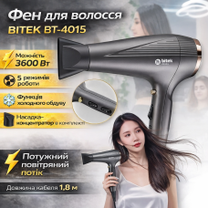 Фен для волос мощностью 3600Вт с концентратором и 5 режимами работы BITEK BT-4015