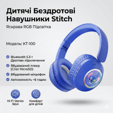 Детские беспроводные Bluetooth наушники Stitch KT-100 Blue с RGB-подсветкой, встроенным микрофоном и слотом для карты памяти