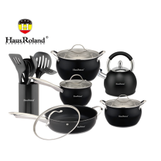 Набір посуду Haus Roland HR126-1, 18 предметів із неіржавкої сталі: каструлі 3,6/6,0 л, ківш 1,9 л, сковорода 2,9 л, чайник 3,0 (