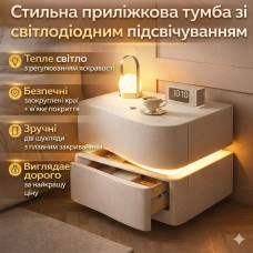 Приліжкова тумба з екошкіри з LED-підсвіткою та двома висувними шухлядами (світла)