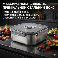 Контейнер харчовий із неіржавкої сталі з герметичною кришкою 1800 мл 20687-14, сірий, квадратний