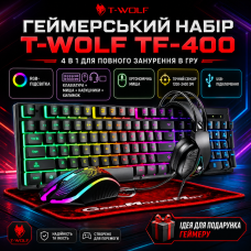Игровой комплект для геймеров 4-в-1 (клавиатура, мышь, наушники, коврик), T-Wolf TF-400, Черный / Геймерский набор с RGB.