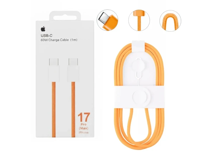 Кабель Type-C-Type-C 60W Оранжевый / Тканевый кабель 1м для быстрой зарядки iPhone 17 Pro Max + ключ для SIM-карты 26X-196