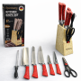 Набір кухонних ножів Rainberg RB-2328 Червоний з дерев'яною підставкою, мусатом і ножицями, 5 ножів, неіржавка сталь