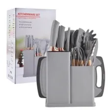 Набір кухонного приладдя Сірий на підставці TS Kitchen 19 штук із силікону з бамбуковою ручкою