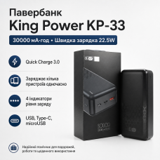 Зовнішній акумулятор King Power KP-33 30000 мА·год 22.5W Power Bank зі швидкою зарядкою