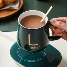 Чашка керамічна темно-зелена з підставкою — підігрівом і ложечкою в пакованні-пакеті