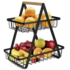 Двоярусний металевий фруктовник із дерев'яною ручкою Розбірний залізний кошик для фруктів