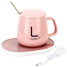 Чашка 350мл на подставке с подогревом до +55 °С, Розовая / Чашка керамическая с ложкой в подарочной упаковке