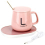 Чашка 350мл на подставке с подогревом до +55 °С, Розовая / Чашка керамическая с ложкой в подарочной упаковке