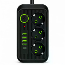 Сетевой фильтр Power Socket F09U 2500 Вт 2 м черный • Удлинитель Power Socket F09U на 3 розетки с 4 USB, PD Type-C и выключателем