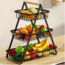 Настільний триярусний кошик - фруктівниця з дерев'яною ручкою Triple Fruit Basket · Розбірний металевий кошик для фруктів