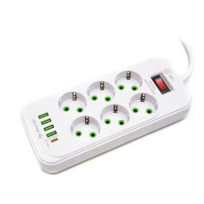 Мережевий подовжувач-фільтр PNS-03/D6 білий 3 м з LED-індикатором, 4 USB і PD Type-C