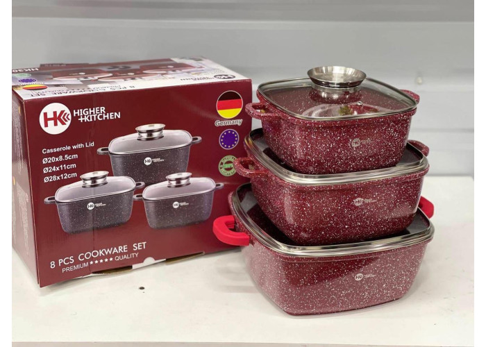 Набір каструль Higher Kitchen HK-302 КРАСНІ з гранітним антипригарним покриттям Набір каструль Higher Kitchen HK-302 КРАСНІ з гранітним антипригарним покриттям
