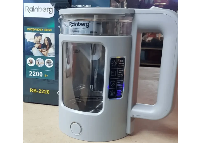 Дисковий прозорий електрочайник Rainberg RB-2220 Скляний електричний чайник з підсвіткою 2200W