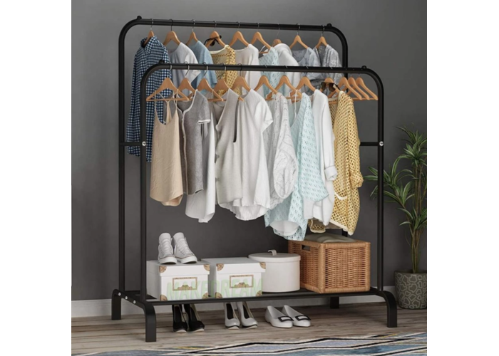 Подвійна стійка вішалка для одягу та взуття Loft Rack підлогова сталева з полицею Black