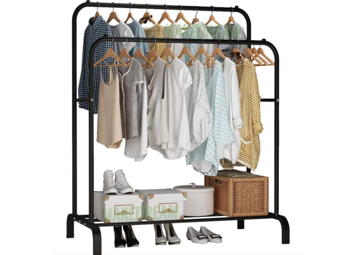Подвійна стійка вішалка для одягу та взуття Loft Rack підлогова сталева з полицею Black