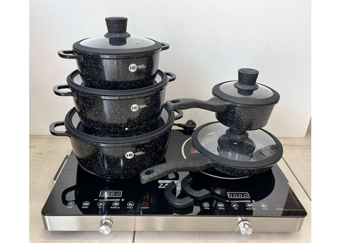 Набір посуду з гранітним антипригарним покриттям Higher Kitchen НК-316  з 12 предметів Чорний Набір посуду з гранітним антипригарним покриттям Higher Kitchen НК-316  з 12 предметів Чорний