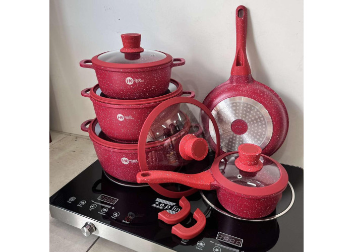 Набір каструль із гранітним антипригарним покриттям Higher Kitchen НК-316  з 12 предметів Червоний Набір каструль із гранітним антипригарним покриттям Higher Kitchen НК-316  з 12 предметів Червоний