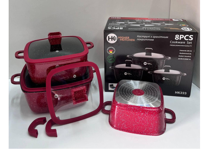 Набір квадратних каструль із силіконовими кришками Higher Kitchen HK-323 Червоний Набір квадратних каструль із силіконовими кришками Higher Kitchen HK-323 Червоний