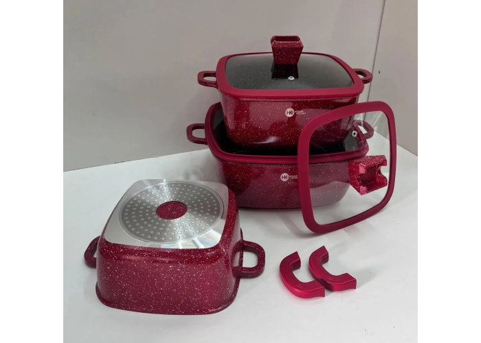 Набір квадратних каструль із силіконовими кришками Higher Kitchen HK-323 Червоний Набір квадратних каструль із силіконовими кришками Higher Kitchen HK-323 Червоний