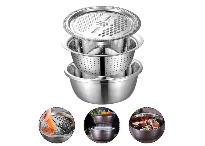 Багатофункціональний кухонний набір із неіржавкої сталі 3 в 1 Metal Basket Cutter Миска друшляк і тертка Багатофункціональний кухонний набір із неіржавкої сталі 3 в 1 Metal Basket Cutter Миска друшляк і тертка