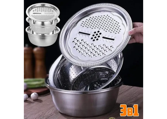 Багатофункціональний кухонний набір із неіржавкої сталі 3 в 1 Metal Basket Cutter Миска друшляк і тертка Багатофункціональний кухонний набір із неіржавкої сталі 3 в 1 Metal Basket Cutter Миска друшляк і тертка