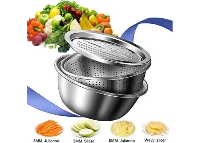 Багатофункціональний кухонний набір із неіржавкої сталі 3 в 1 Metal Basket Cutter Миска друшляк і тертка Багатофункціональний кухонний набір із неіржавкої сталі 3 в 1 Metal Basket Cutter Миска друшляк і тертка