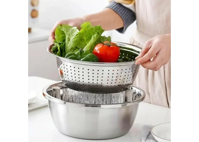 Багатофункціональний кухонний набір із неіржавкої сталі 3 в 1 Metal Basket Cutter Миска друшляк і тертка Багатофункціональний кухонний набір із неіржавкої сталі 3 в 1 Metal Basket Cutter Миска друшляк і тертка
