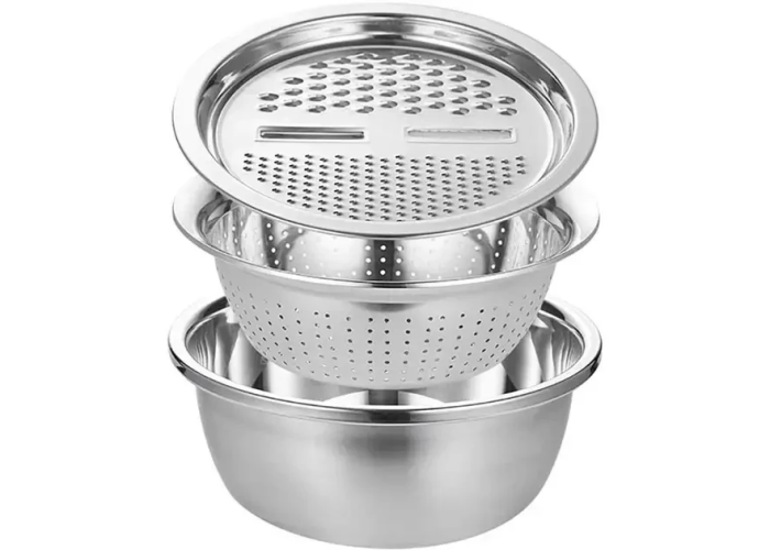 Багатофункціональний кухонний набір із неіржавкої сталі 3 в 1 Metal Basket Cutter Миска друшляк і тертка Багатофункціональний кухонний набір із неіржавкої сталі 3 в 1 Metal Basket Cutter Миска друшляк і тертка