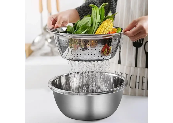 Багатофункціональний кухонний набір із неіржавкої сталі 3 в 1 Metal Basket Cutter Миска друшляк і тертка Багатофункціональний кухонний набір із неіржавкої сталі 3 в 1 Metal Basket Cutter Миска друшляк і тертка