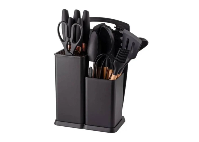 Набір кухонного приладдя Чорний 19 предметів із подвійною підставкою обробною дошкою набором ножів